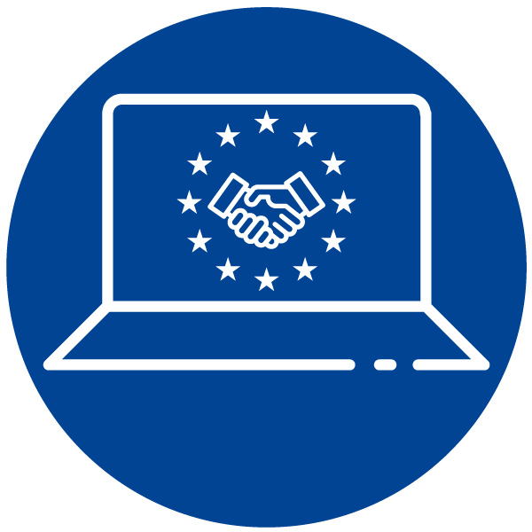 Laptop screen with hands shaking surrounded by a circle of stars