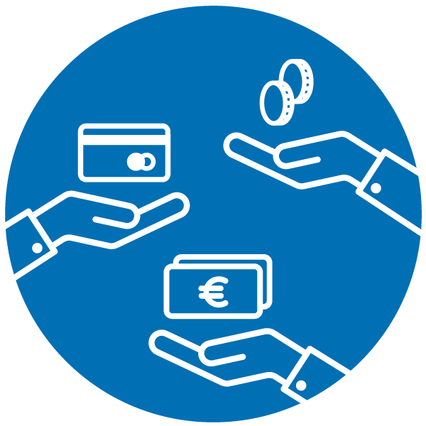 Three hands receiving money