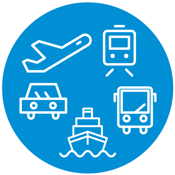Icono de un avión, tren, autobús, barco y coche
