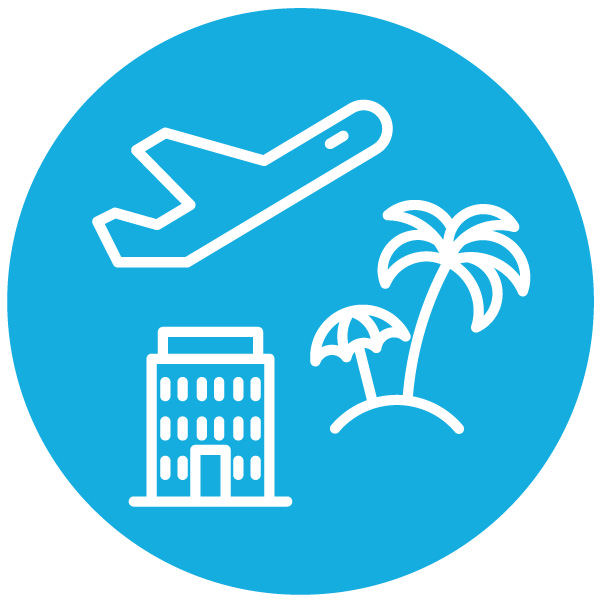avión despegando, isla con palmera y sombrilla y edificio de apartamentos
