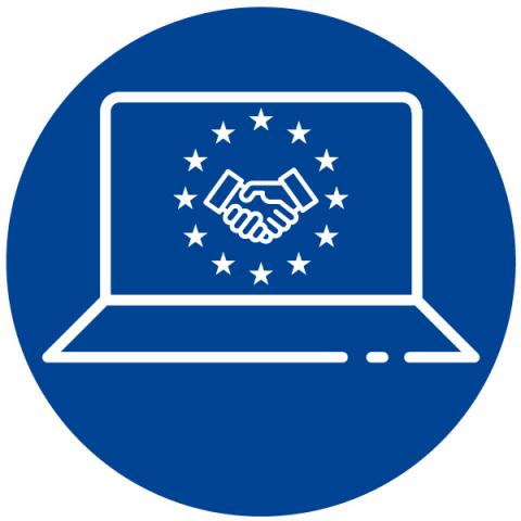 Pantalla de un ordenador portátil con unas manos estrechándose rodeadas por las estrellas europeas