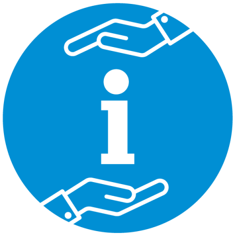 Information symbol flanked by two hands