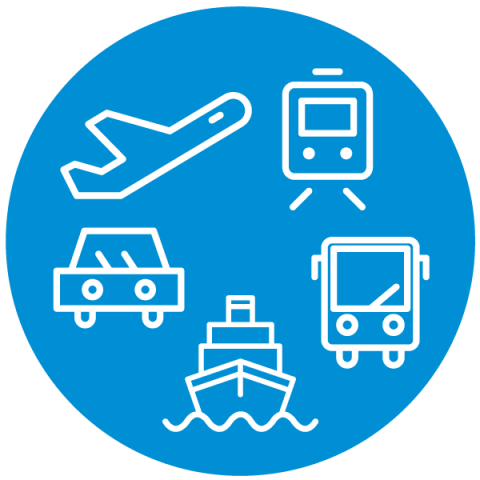 Icons of an aeroplane, train, bus, boat and car