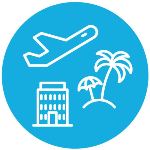 airplane taking off, island with palm tree and parasol, and apartment building