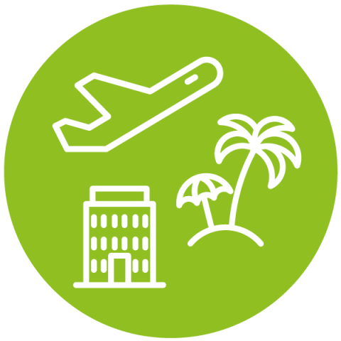 airplane taking off, island, and hotel
