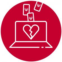 Ordenador portátil, corazón roto en la pantalla y billetes de euro esfumándose