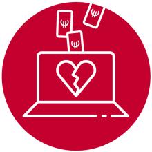 Corazón roto en una pantalla de ordenador. Billetes de euros cayendo