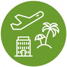 avión despegando, hotel, e isla con una palmera y sombrilla