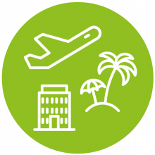 avión despegando, isla y hotel